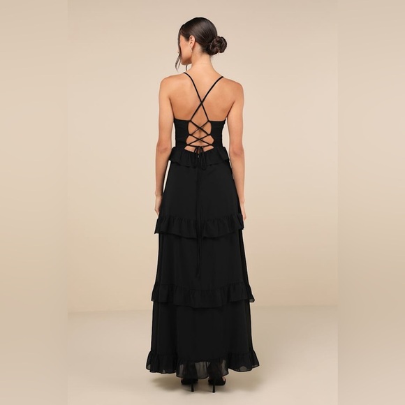 Lulus Captivating Class Black Ruffled Tiered Lace-Up Maxi Dress Size Large - Picture 2 of 5